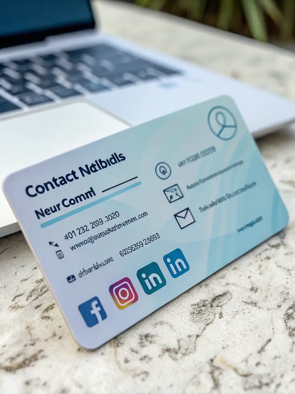A mockup of a digital business card seamlessly integrated with various social media platforms like LinkedIn, Twitter, and Instagram. The card displays social media icons that link directly to the user's profiles.